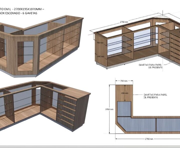 projeto de balcão vitrine madeira e vidro